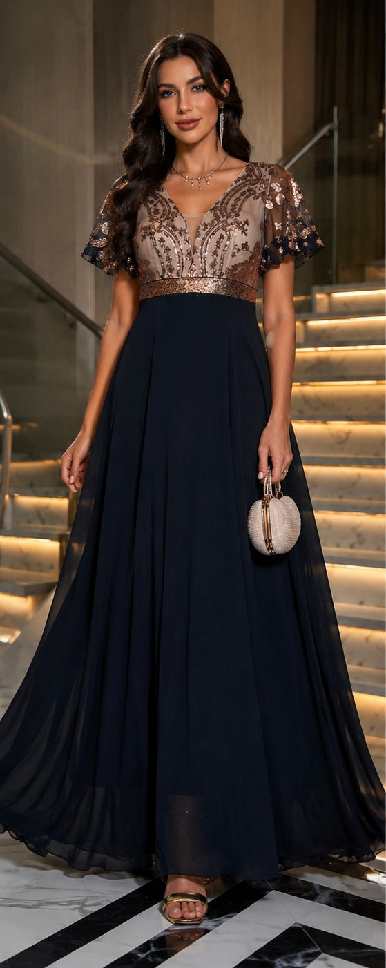 Robe Longue Élégante Col V Femme
