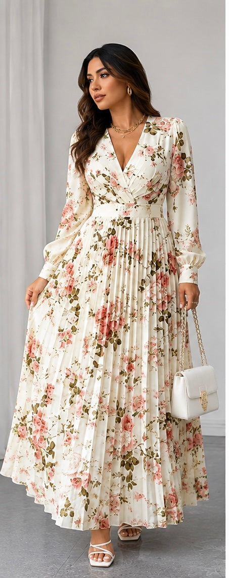 Elegant Floral Plus Size Maxi Dress – V-Neck, Slim Waist, Pleated