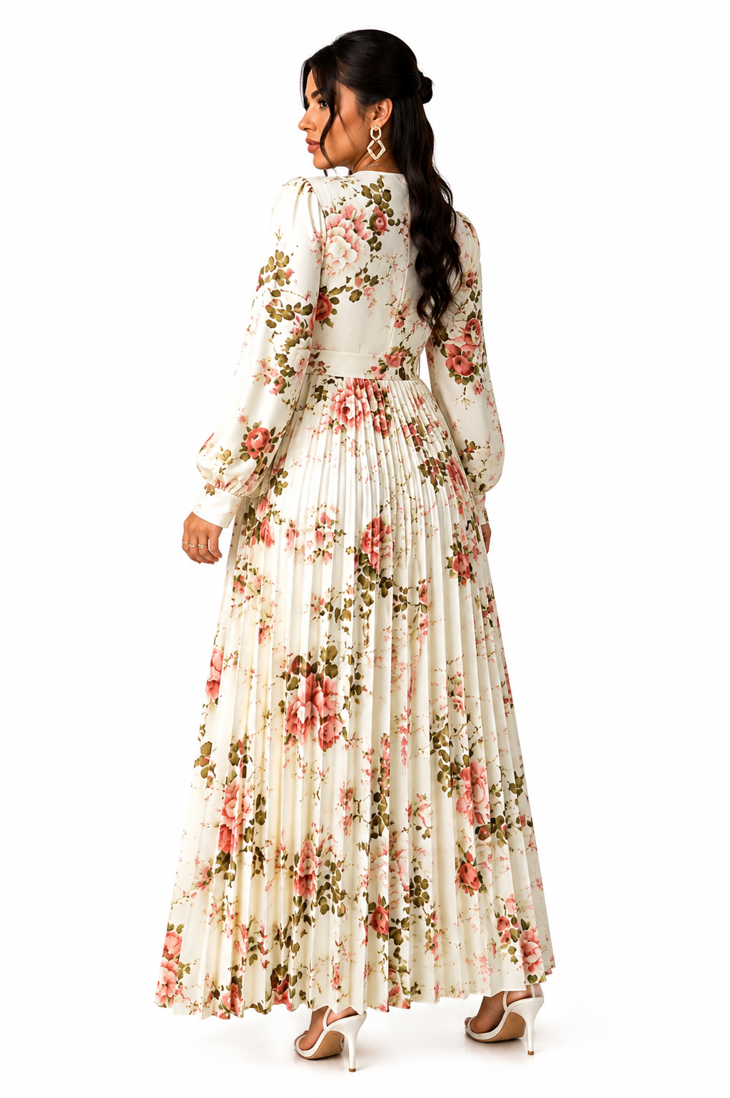 Elegant Floral Plus Size Maxi Dress – V-Neck, Slim Waist, Pleated