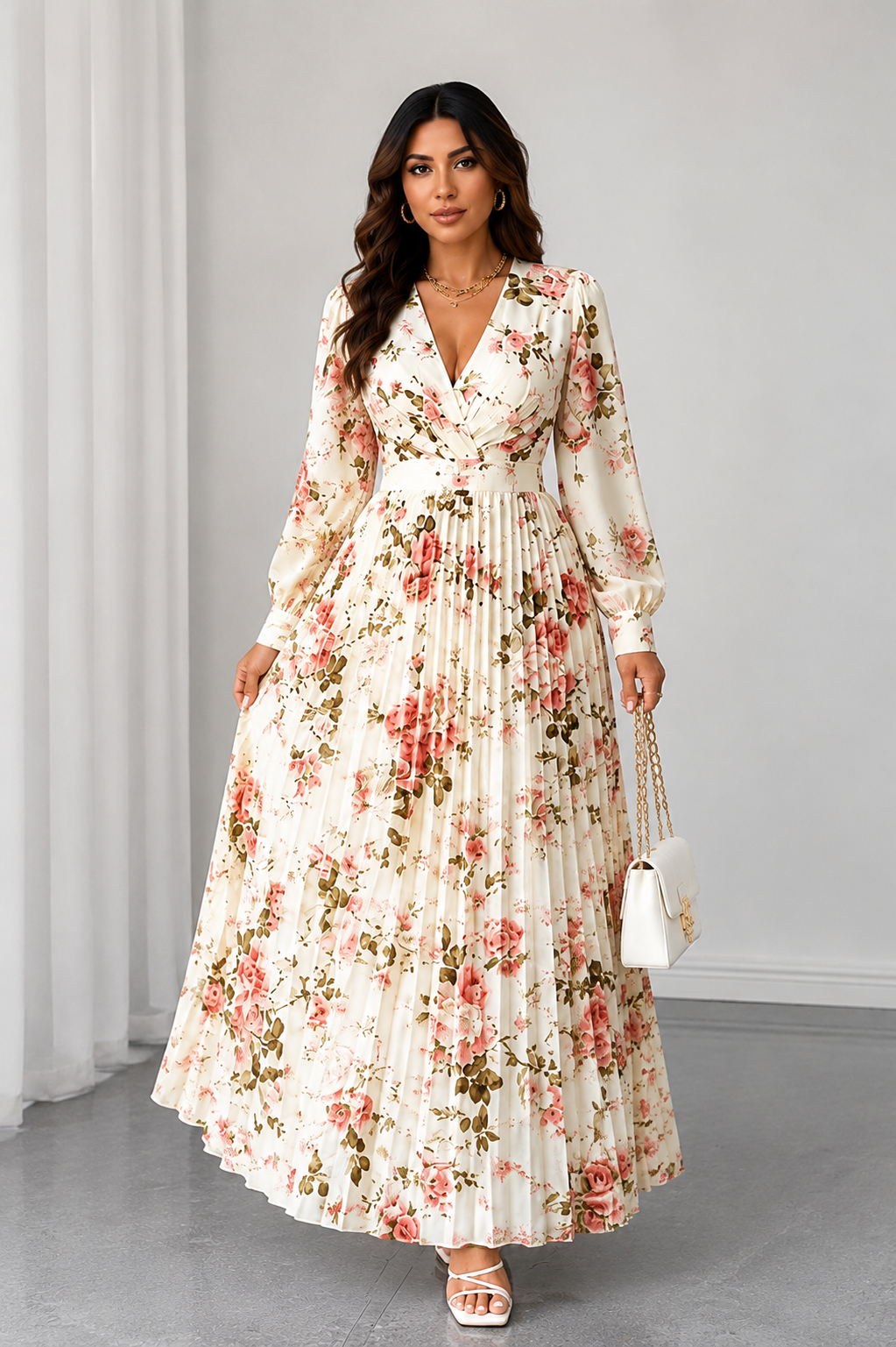 Elegant Floral Plus Size Maxi Dress – V-Neck, Slim Waist, Pleated