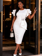 Robe Élégance blanche manches volantées — RENEE FASHION
