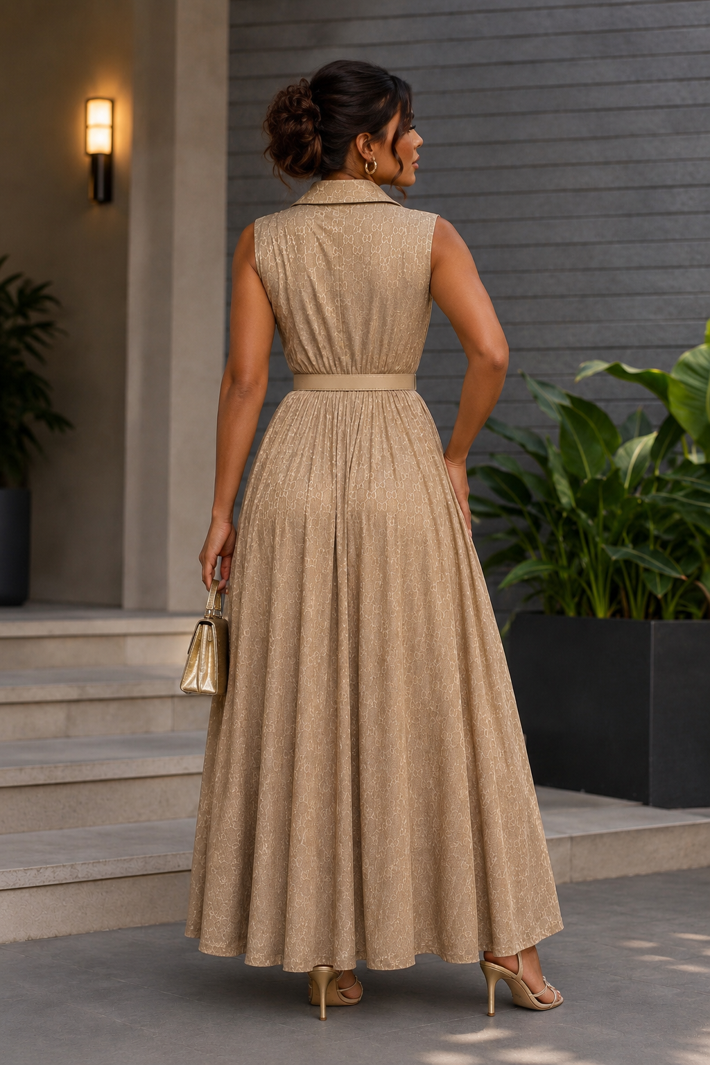 Robe Longue Plissée Élégance Luxe – Beige Doré