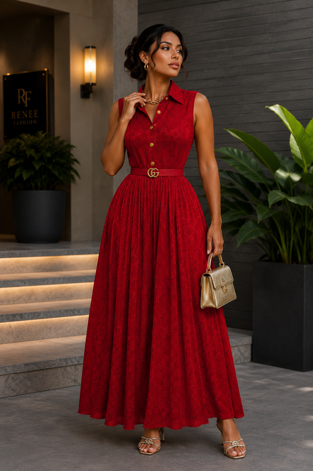 Robe Longue Plissée Élégance Luxe – Beige Doré
