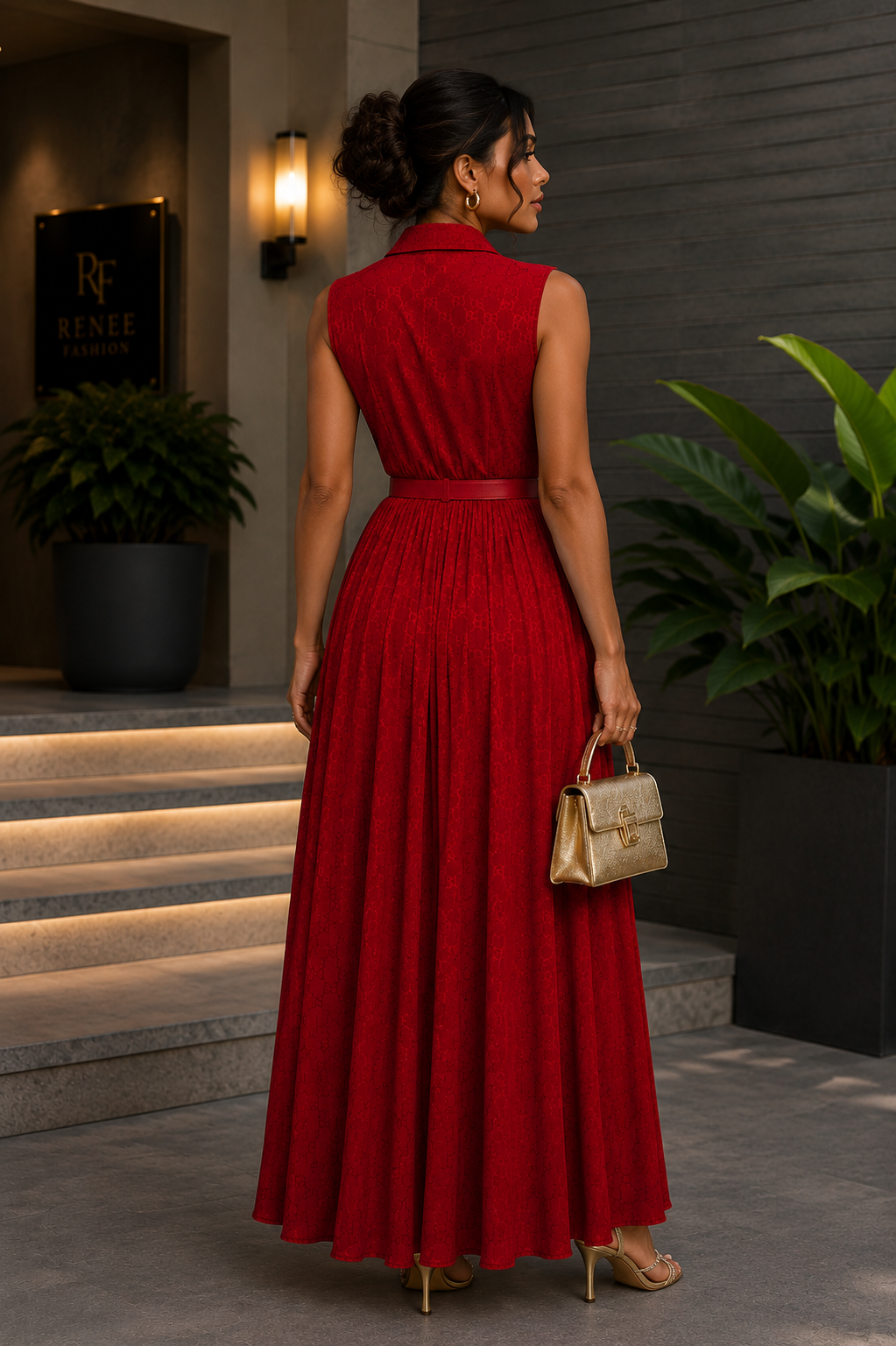 Robe Longue Plissée Élégance Luxe – Beige Doré