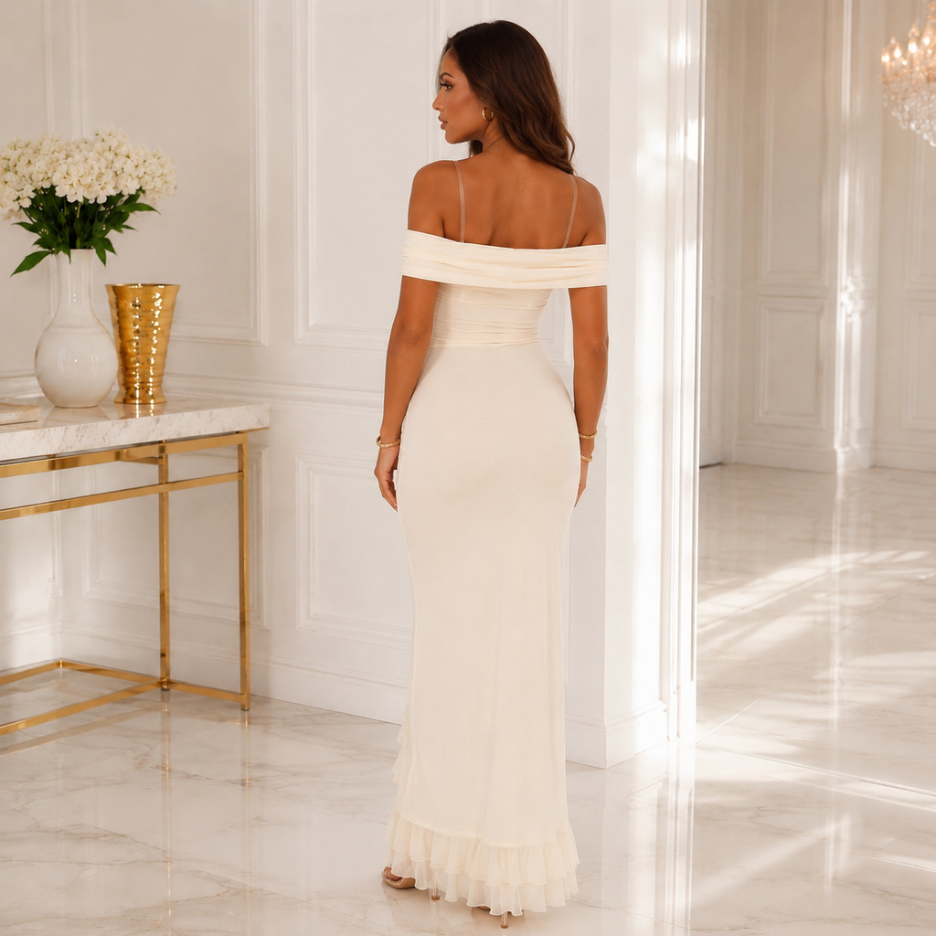 Robe Longue Élégance – Épaules Dénudées & Volants