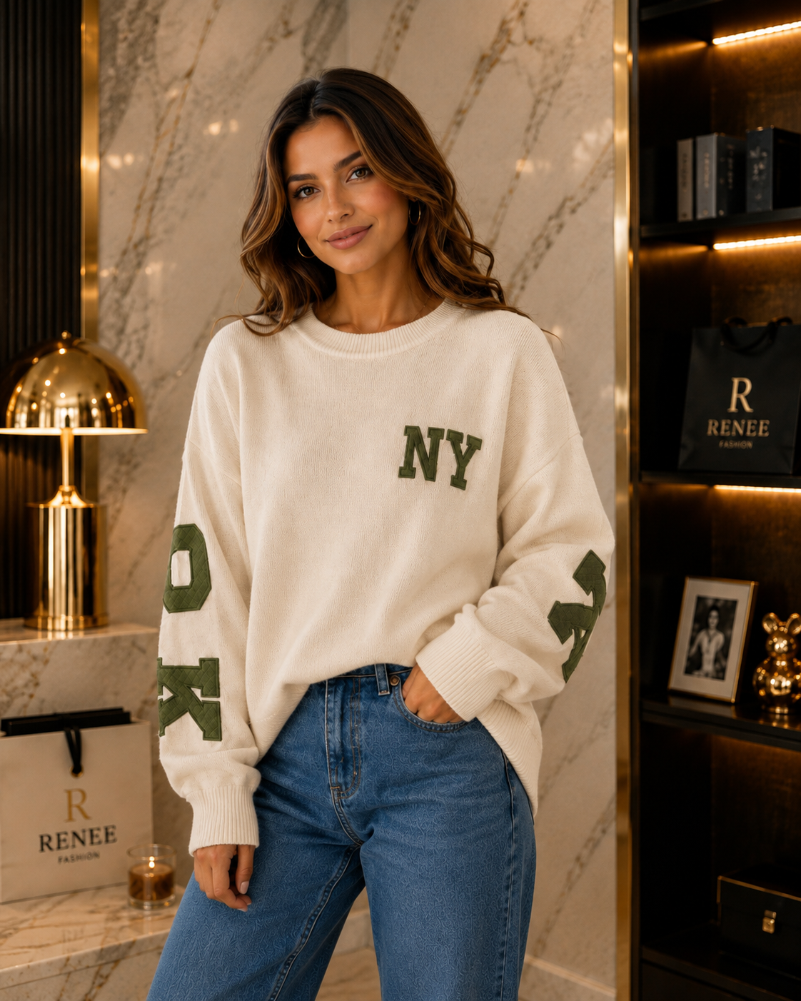 Pull Oversize Femme NY Beige & Vert – Style Casual Chic
