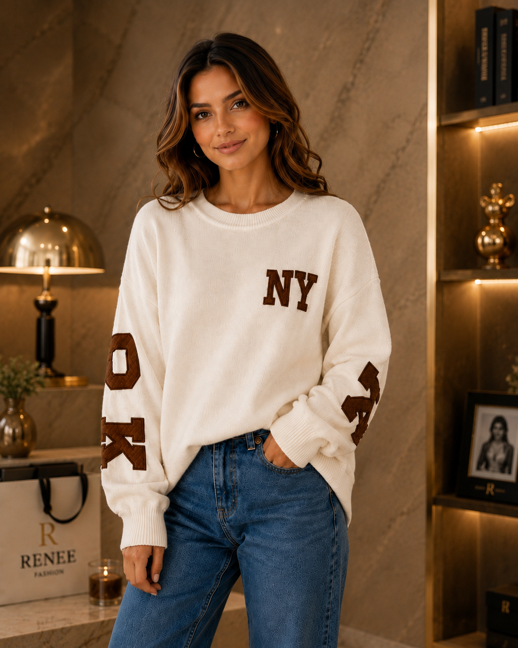 Pull Oversize Femme NY Beige & Vert – Style Casual Chic