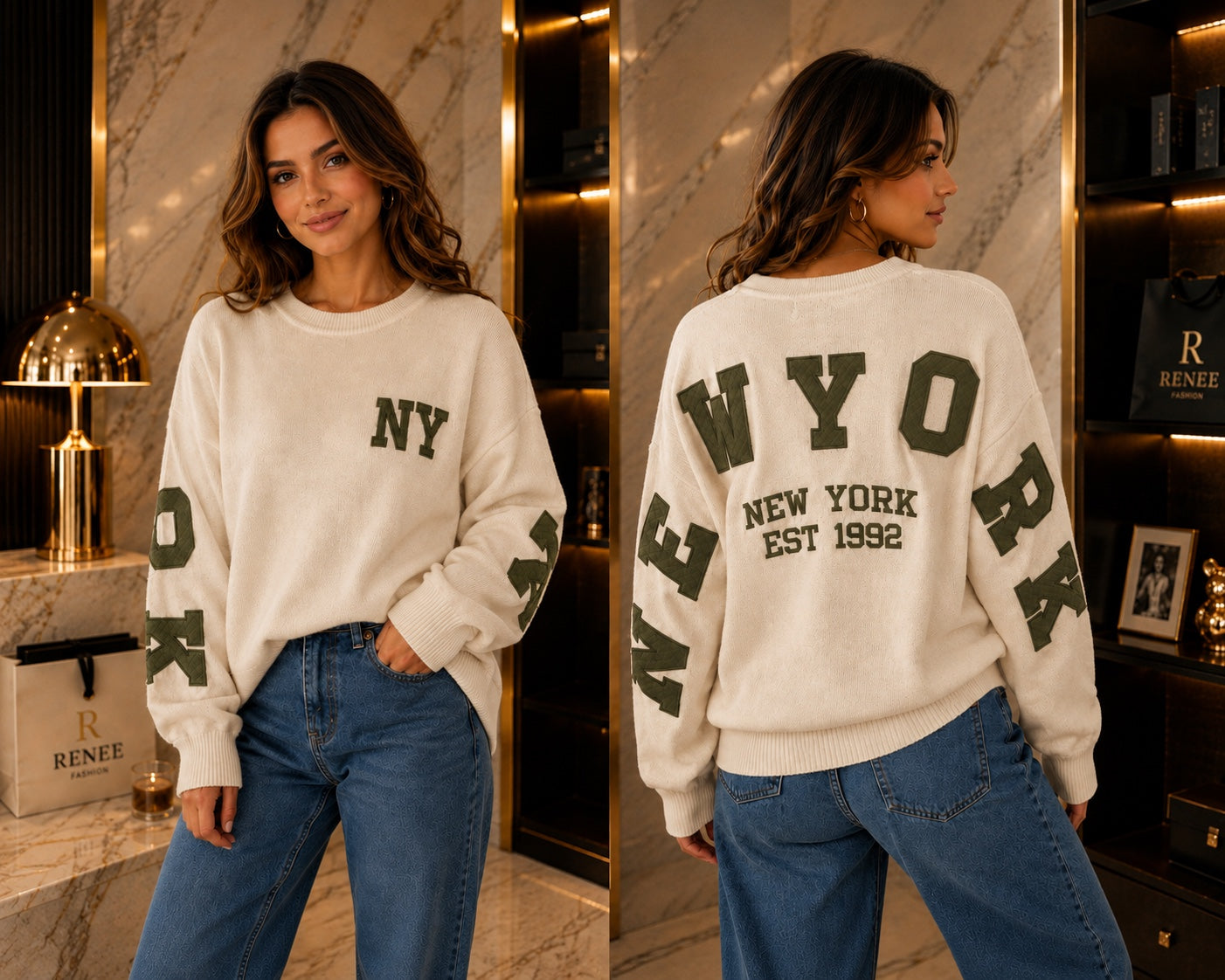 Pull Oversize Femme NY Beige & Vert – Style Casual Chic