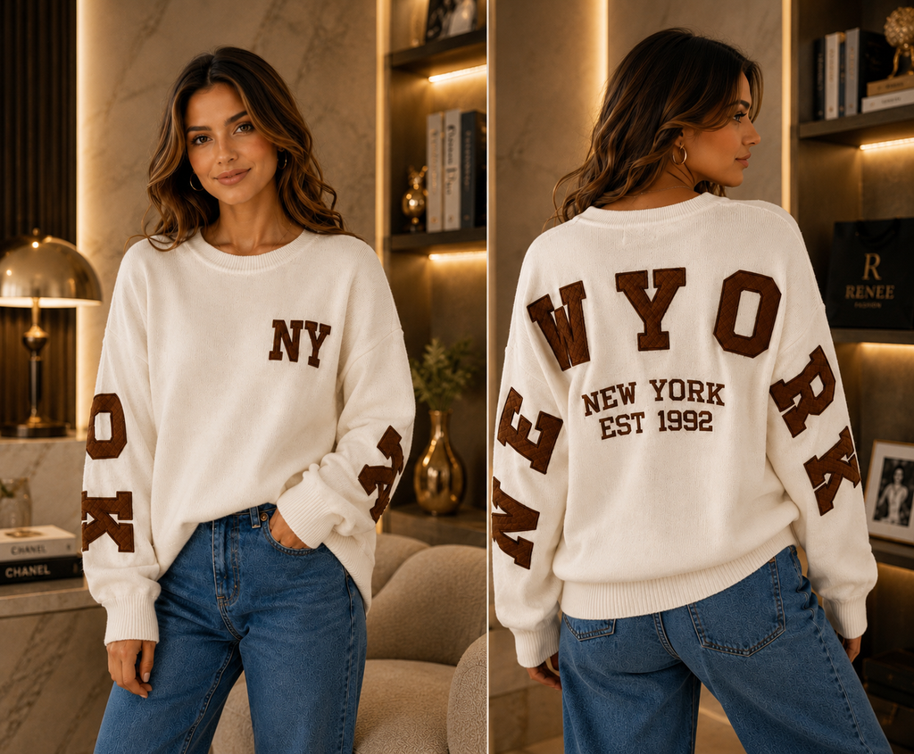 Pull Oversize Femme NY Beige & Vert – Style Casual Chic